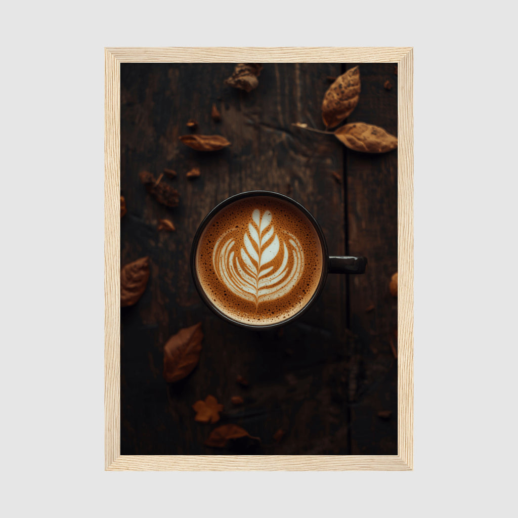 Framed Poster A2 Wood Frame - Coffee cup with decorative milk foam leaf pattern surrounded by warm golden brown autumn leaves on wooden table