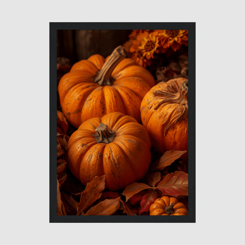 Framed Poster A4 Classic Black Frame - Rich autumn composition featuring golden pumpkins with textured details, dried leaves, and orange sunflowers against warm brown background