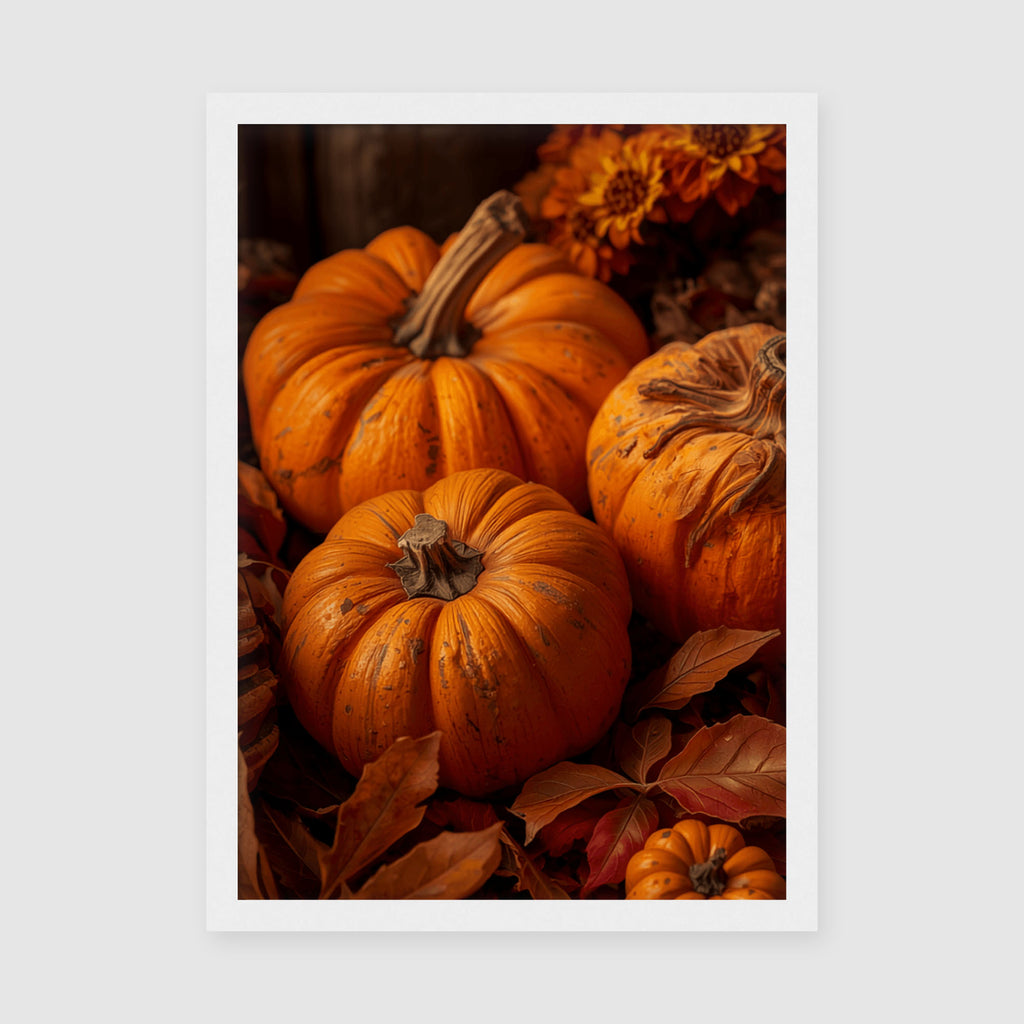Framed Poster A3 Classic White Frame - Detailed pumpkin harvest scene with three prominent golden-orange pumpkins, rustic foliage, and sunflowers in earthy tones