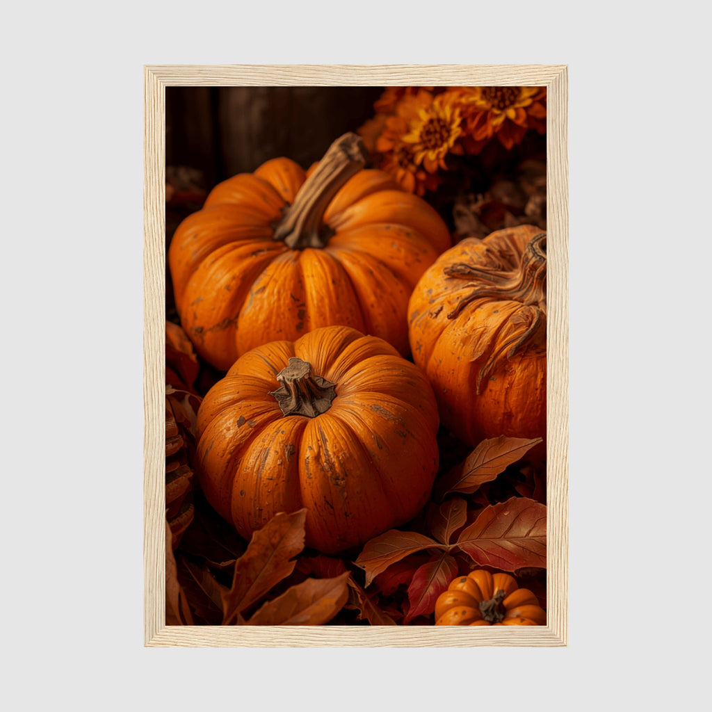 Framed Poster A2 Classic Wood Frame - Large-scale pumpkin artwork displaying vibrant orange gourds with natural texture, autumn leaves, and floral elements