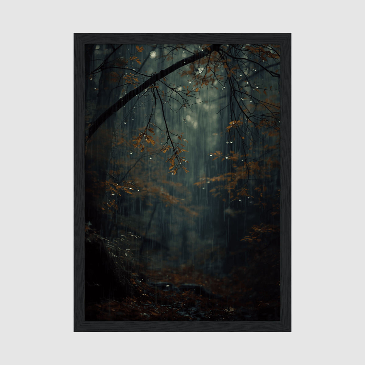 Framed Poster A4 Classic Black Frame - Moody autumn forest scene with rain falling through bare branches and golden-bronze leaves against deep grey skies