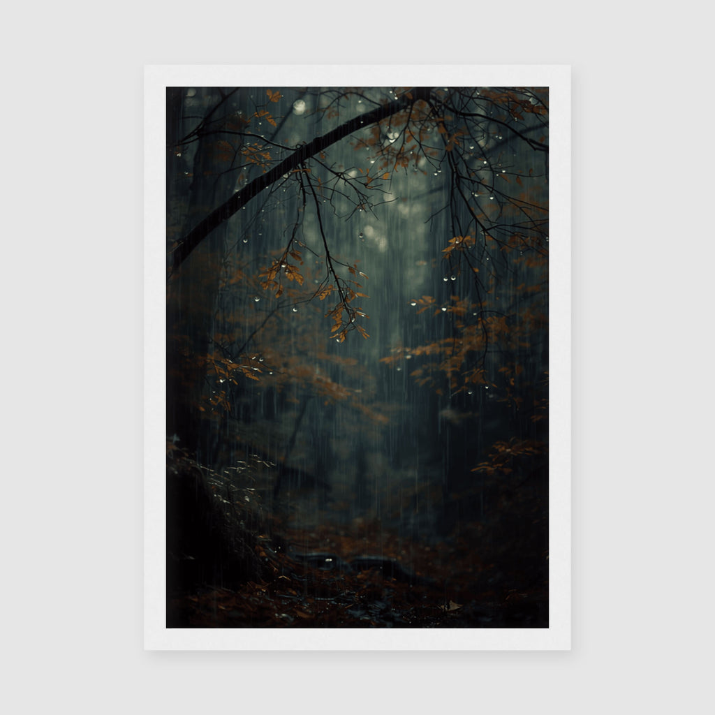 Framed Poster A3 Classic White Frame - Atmospheric woodland print showing raindrops on branches with warm amber foliage and cool grey mist