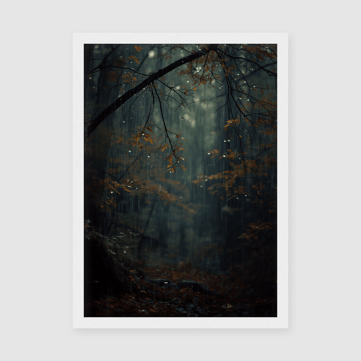 Framed Poster A3 Classic White Frame - Atmospheric woodland print showing raindrops on branches with warm amber foliage and cool grey mist