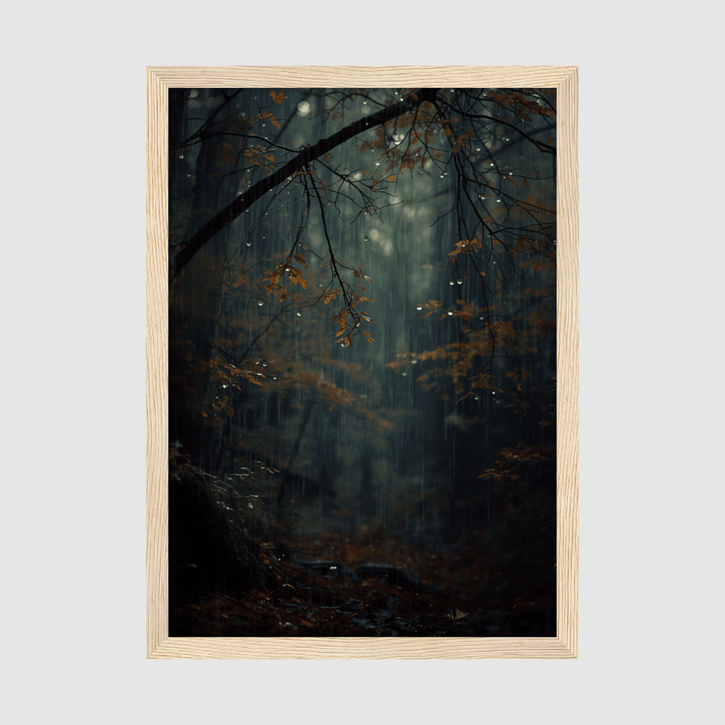 Framed Poster A2 Classic Wood Frame - Contemplative forest artwork featuring delicate rain streaks, darker tree trunks, and scattered golden autumn leaves