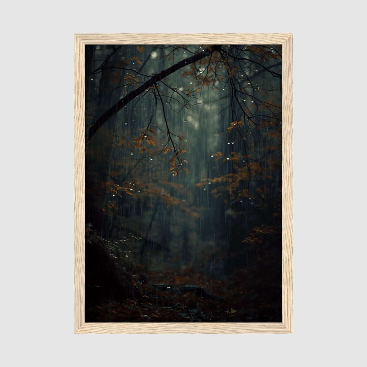 Framed Poster A2 Classic Wood Frame - Contemplative forest artwork featuring delicate rain streaks, darker tree trunks, and scattered golden autumn leaves