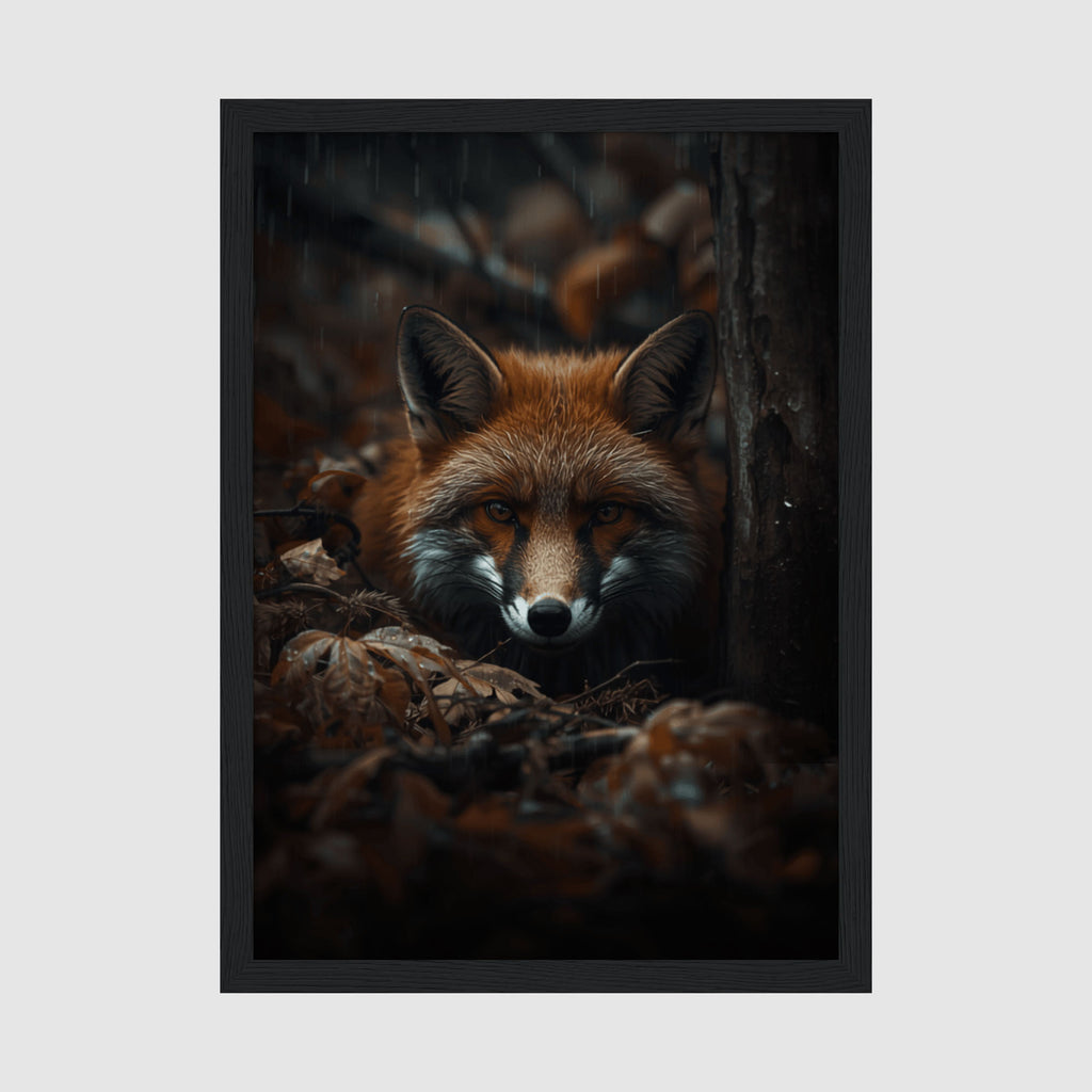 Framed Fox Print A4 Classic Black - Detailed fox portrait with russet and cream fur, piercing blue eyes, against moody dark background with rain effect