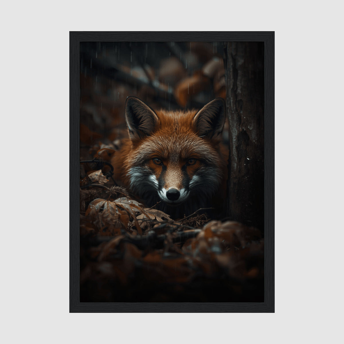 Framed Fox Print A4 Classic Black - Detailed fox portrait with russet and cream fur, piercing blue eyes, against moody dark background with rain effect