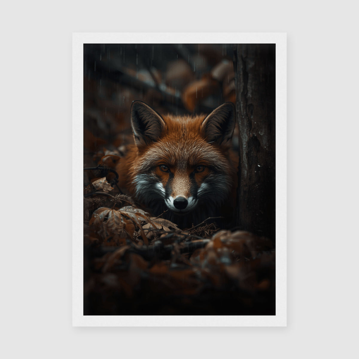 Framed Fox Print A4 Classic White - Realistic fox wildlife portrait showing intricate facial features and warm earth-tone colouring in white frame