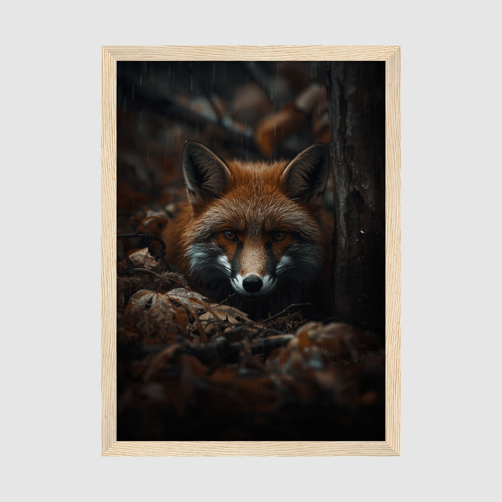 Framed Fox Print A4 Natural Wood - Close-up fox face with black ear tips and white muzzle markings, atmospheric blurred background in wooden frame