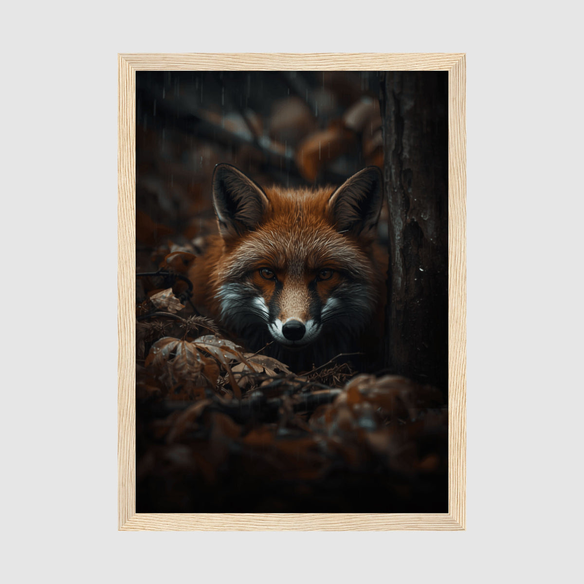 Framed Fox Print A4 Natural Wood - Close-up fox face with black ear tips and white muzzle markings, atmospheric blurred background in wooden frame