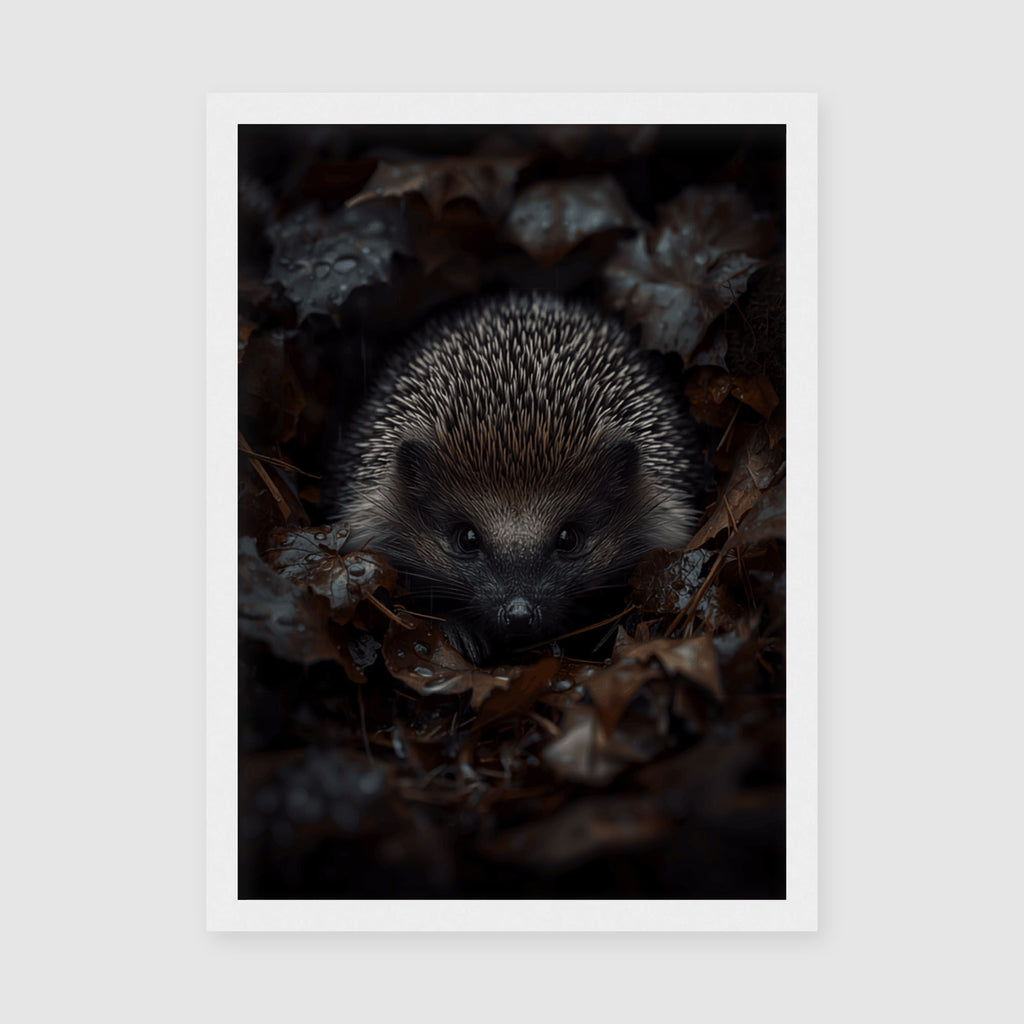 Hedgehog Framed Print A4 White Frame - Intimate hedgehog portrait with grey and black fur against blurred forest background and scattered leaf debris