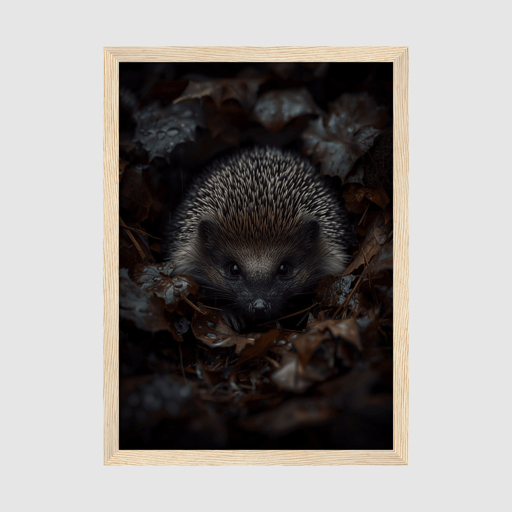 Hedgehog Framed Print A4 Wood Frame - Front-facing hedgehog artwork showing spines texture and gentle facial features in atmospheric dark brown and grey palette