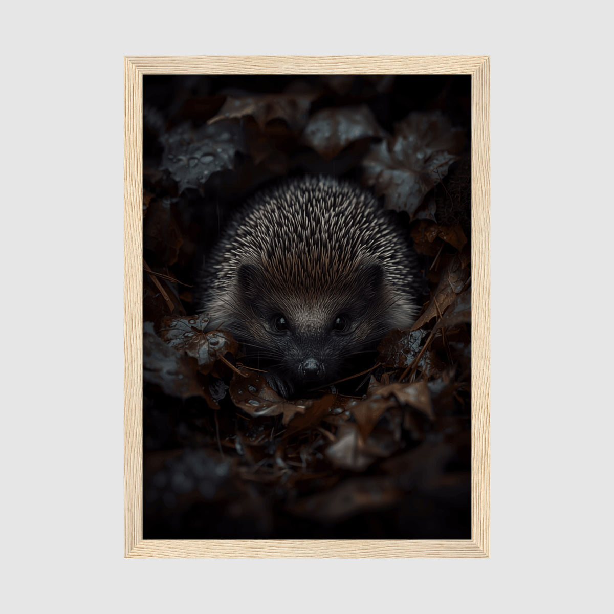 Hedgehog Framed Print A4 Wood Frame - Front-facing hedgehog artwork showing spines texture and gentle facial features in atmospheric dark brown and grey palette