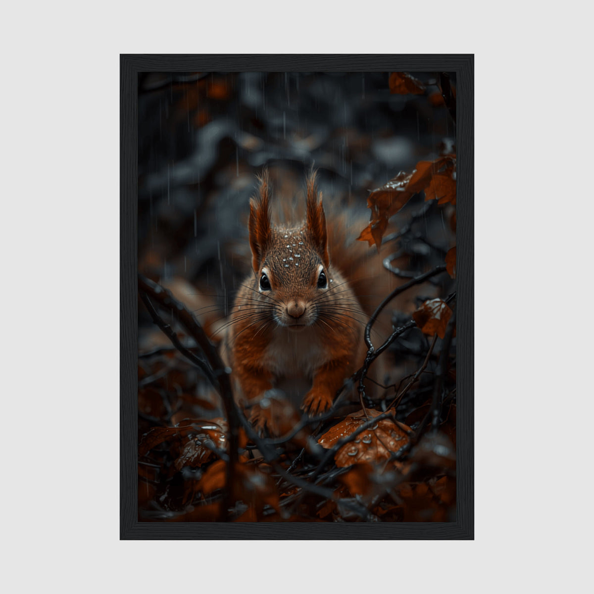 Framed Red Squirrel Print A4 Black Frame - Red-brown squirrel with detailed fur facing forward in rainy autumn scene with falling rain and blurred orange leaves