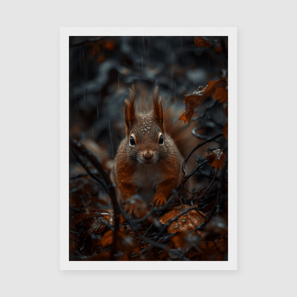 Framed Red Squirrel Print A3 White Frame - Alert red squirrel staring directly at camera surrounded by wet autumn foliage and dark atmospheric background with rain