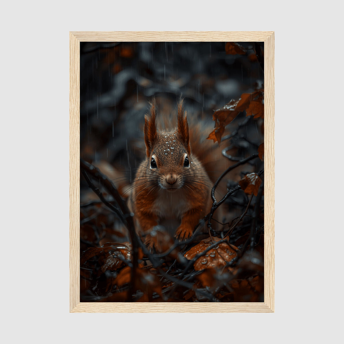 Framed Red Squirrel Print A2 Wood Frame - Close-up of red squirrel's face with distinctive ear tufts and whiskers in moody rainy autumn woodland setting