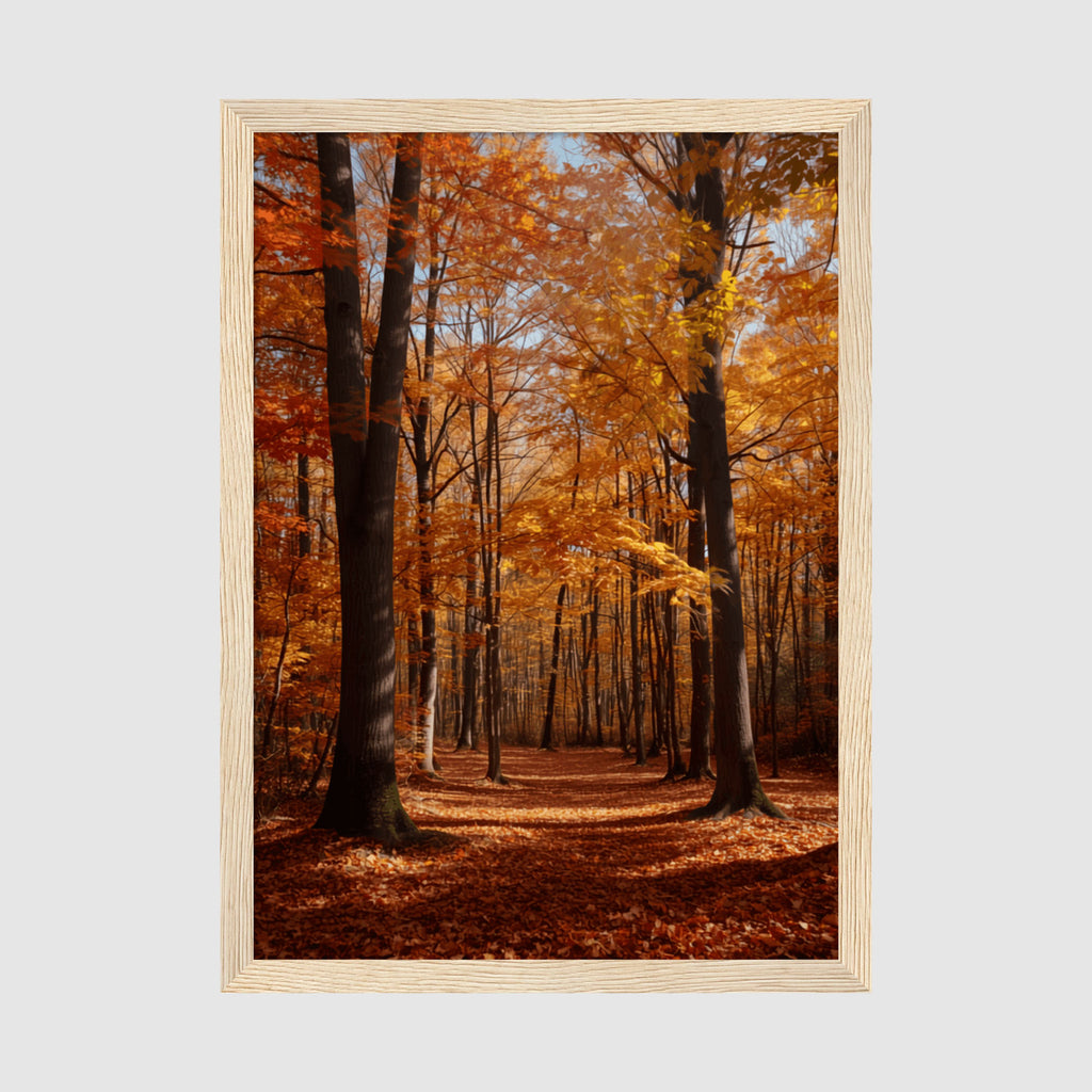 Framed Poster A4 Wood Frame - Tranquil autumn forest with rich brown bark, luminous golden foliage, and receding pathway