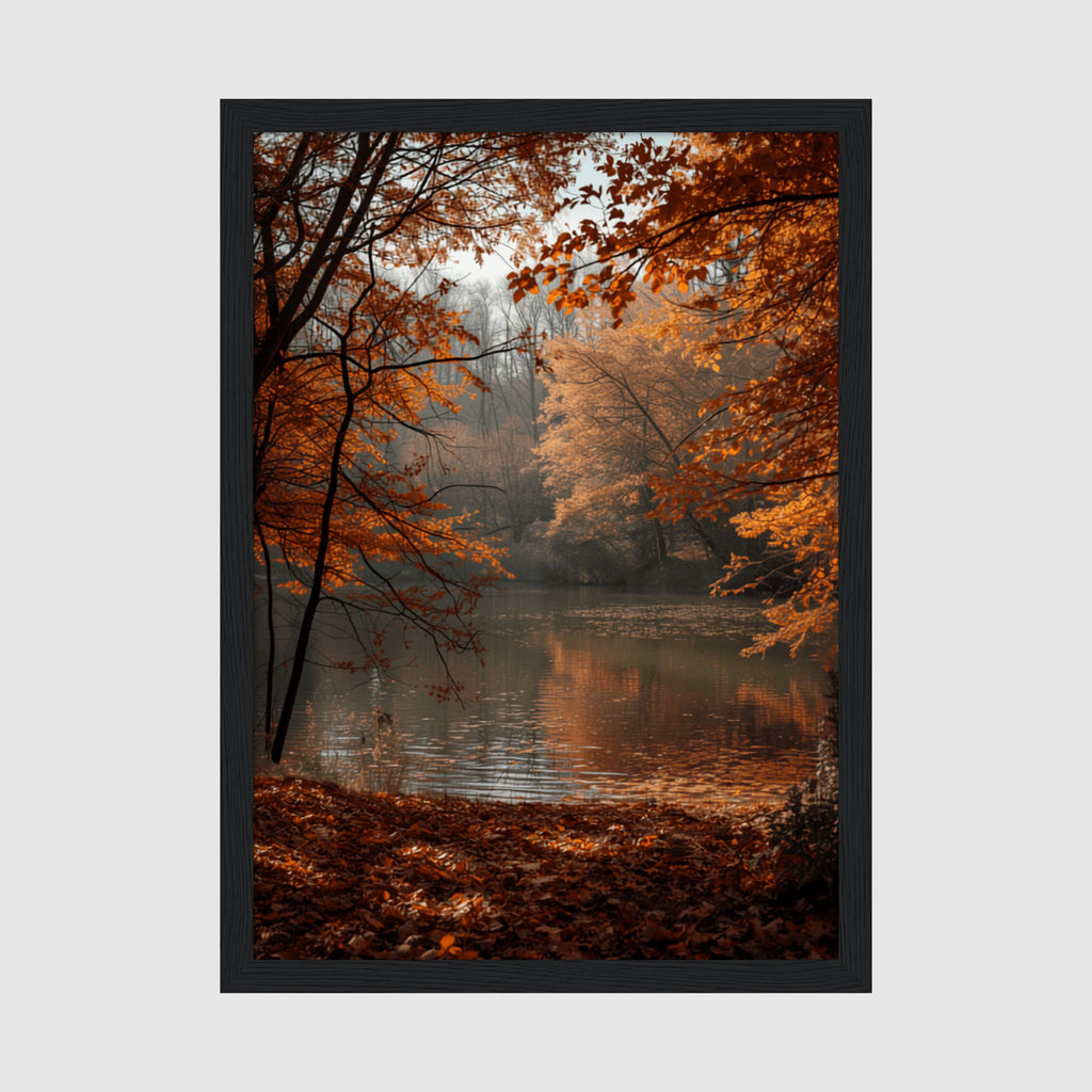 Framed Poster A4 Classic Black Frame - Serene autumn woodland scene with golden foliage overhanging a misty lake surrounded by bare trees