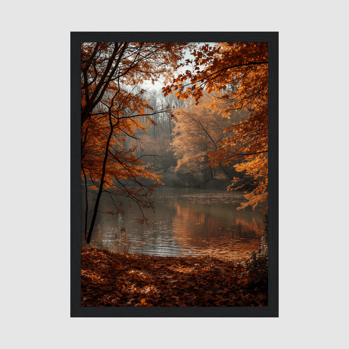 Framed Poster A4 Classic Black Frame - Serene autumn woodland scene with golden foliage overhanging a misty lake surrounded by bare trees