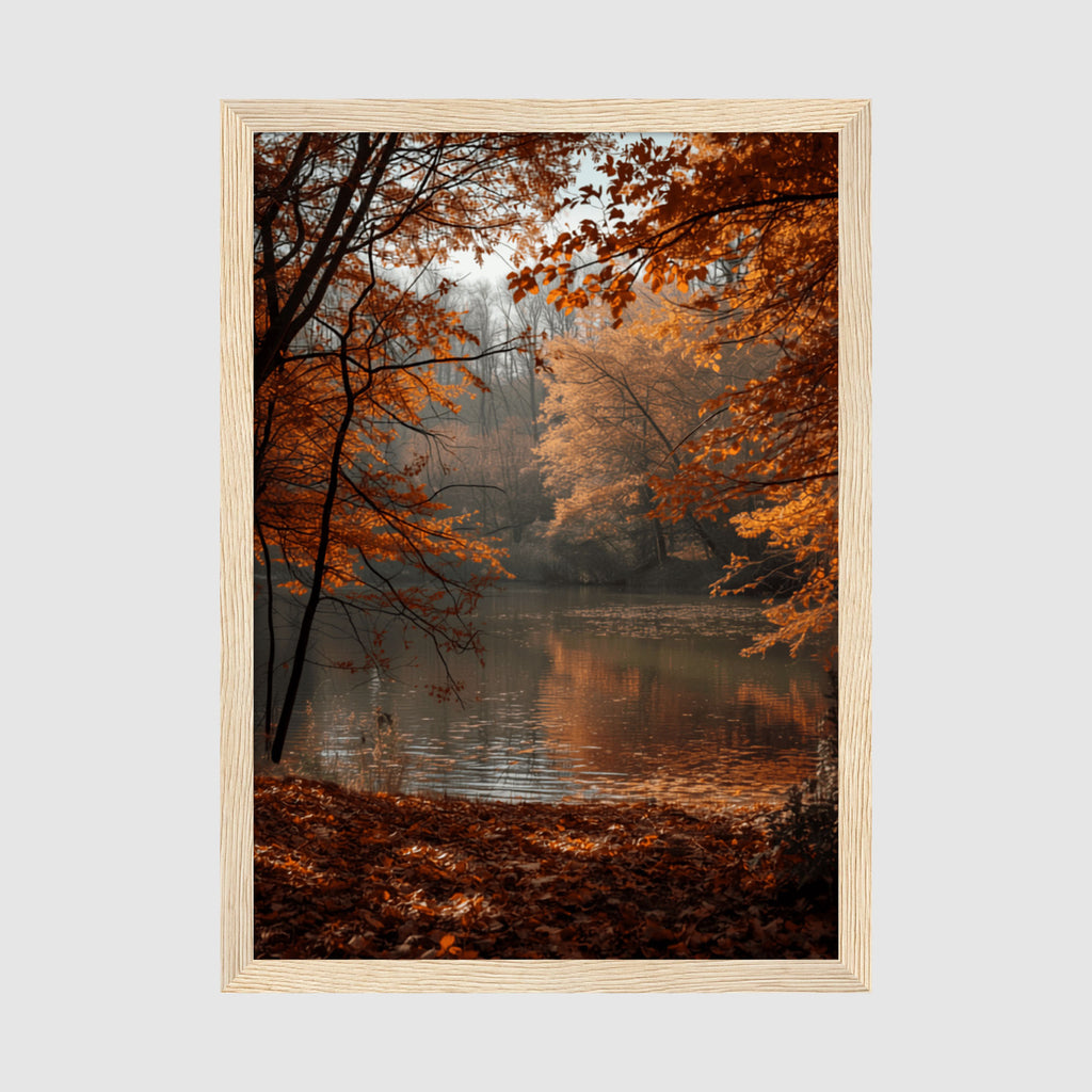 Framed Poster A4 Classic Wood Frame - Peaceful lakeside woodland view framed by autumn trees with golden leaves against grey sky