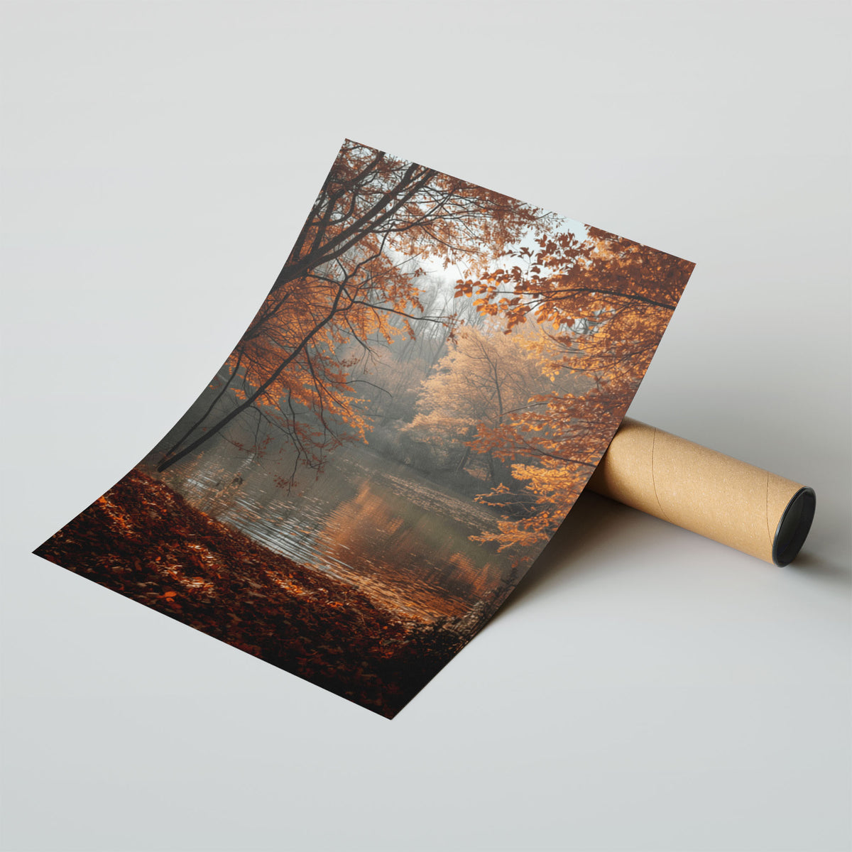 Framed Poster Wall Display - Mounted autumn woodland art featuring burnt orange foliage, reflective water, and peaceful forest scene