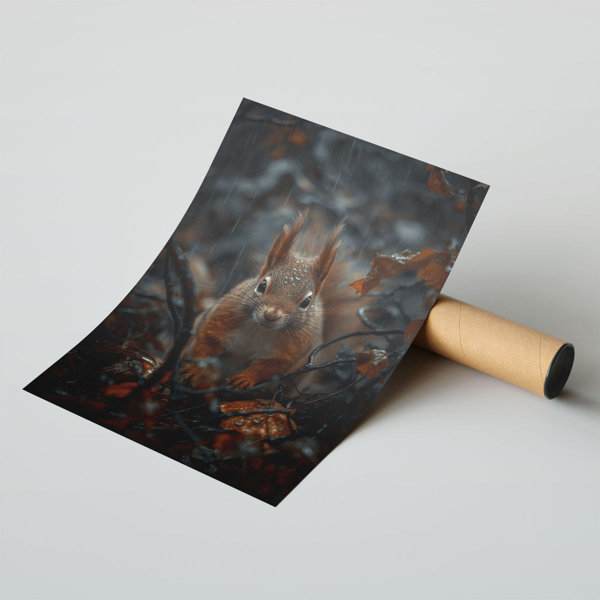 Red Squirrel Wall Art A2 Natural Wood Frame - Beautiful wildlife scene capturing red squirrel in contemplative rainy autumn moment with orange foliage and moody lighting