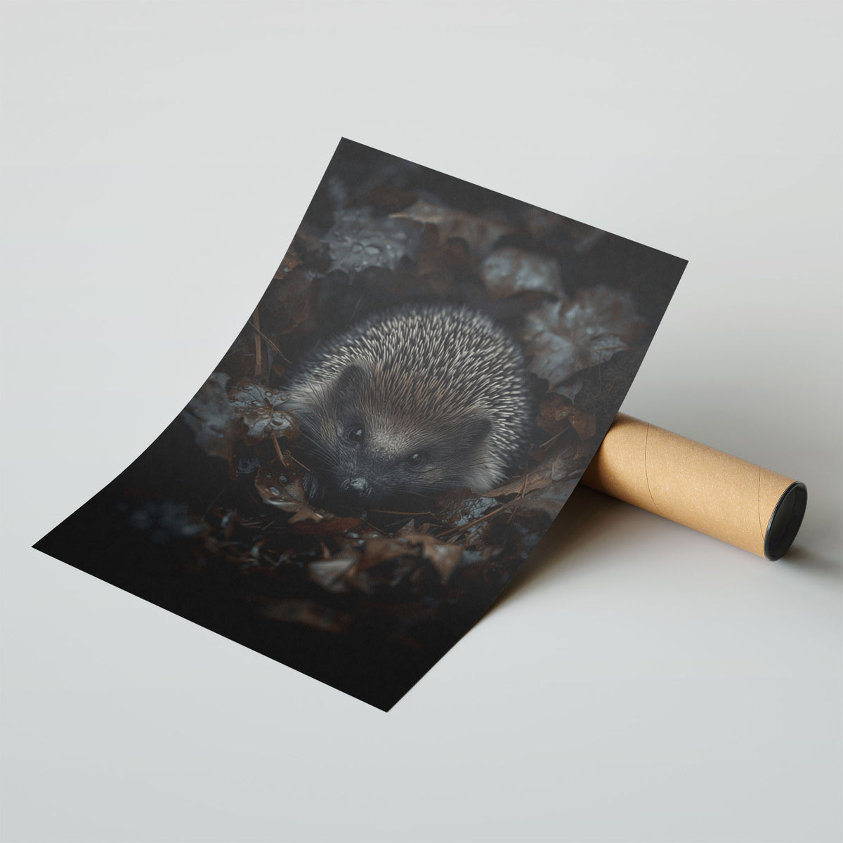 Hedgehog Framed Print A2 Wood Frame - Expansive wildlife art piece featuring hedgehog with richly textured spines in atmospheric dark tones with natural backdrop