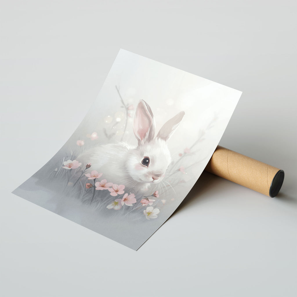 Hahnemuhle Photo Lustre A4 Classic Black Frame - Serene white rabbit surrounded by pink and white spring flowers on soft grey background