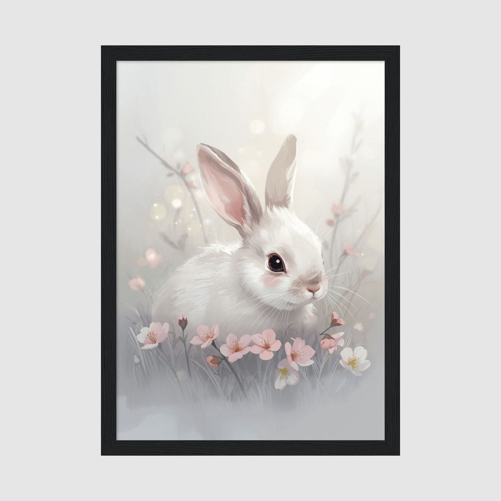 Hahnemuhle Photo Lustre A3 Classic White Frame - Gentle baby bunny illustration with delicate pastel florals and misty bokeh
