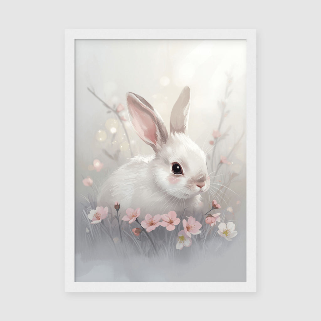 Hahnemuhle Photo Lustre A2 Classic Black Frame - Large white rabbit framed print featuring dreamy spring blossom composition