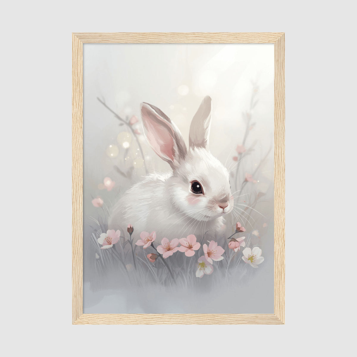 Enhanced Archival Matte A4 Classic White Frame - Soft focus white bunny artwork with pink ears and white spring flowers