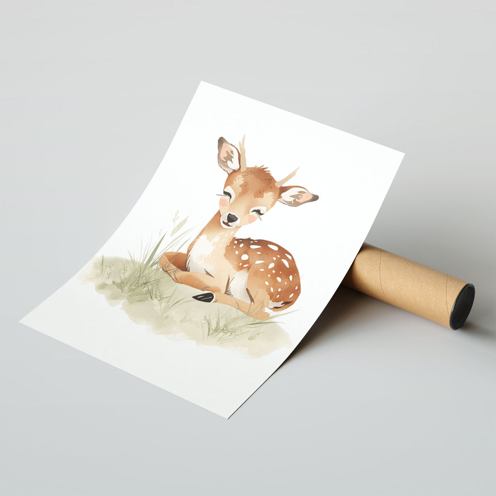 Hahnemuhle Photo Lustre A4 Classic Black Frame - Soft watercolor illustration of a young fawn with closed eyes, perked ears, and warm caramel and cream tones, surrounded by delicate grass and wildflowers
