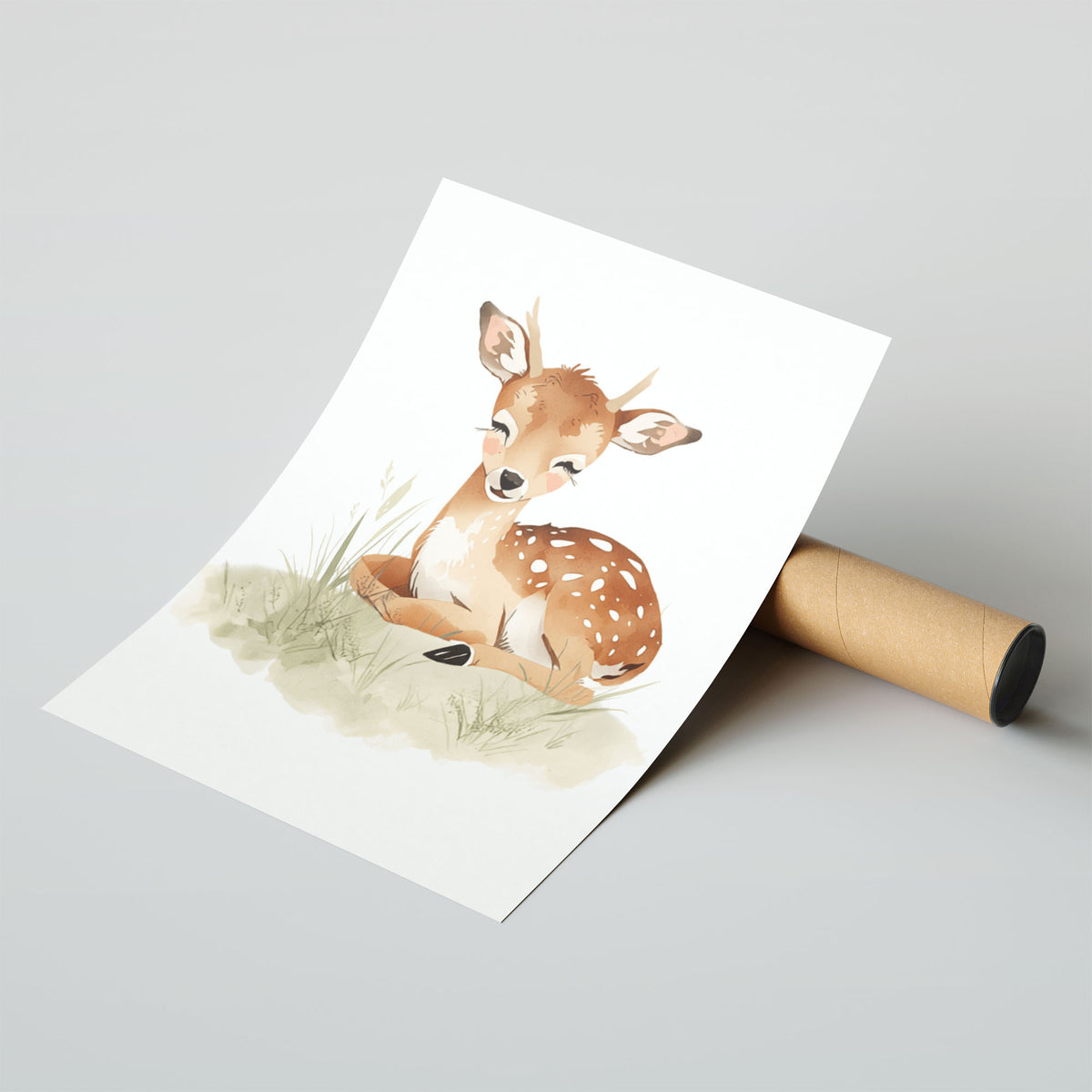 Hahnemuhle Photo Lustre A4 Classic Black Frame - Soft watercolor illustration of a young fawn with closed eyes, perked ears, and warm caramel and cream tones, surrounded by delicate grass and wildflowers