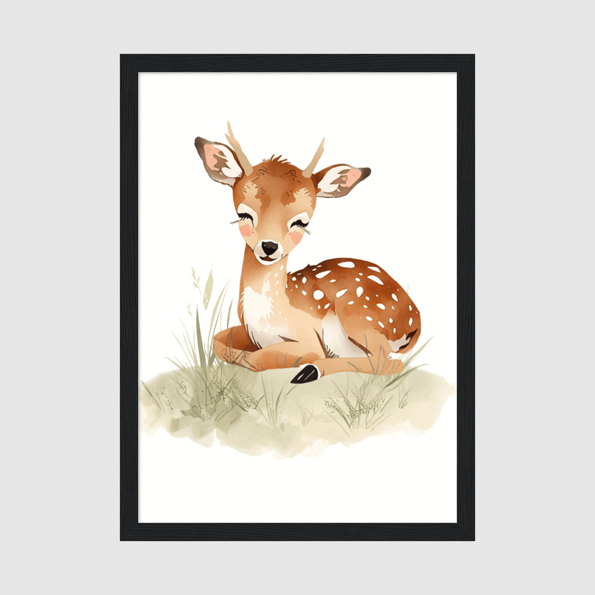 Enhanced Archival Matte A3 Classic White Frame - Gentle baby deer artwork in earthy browns and whites, peacefully resting among soft sage-green grass