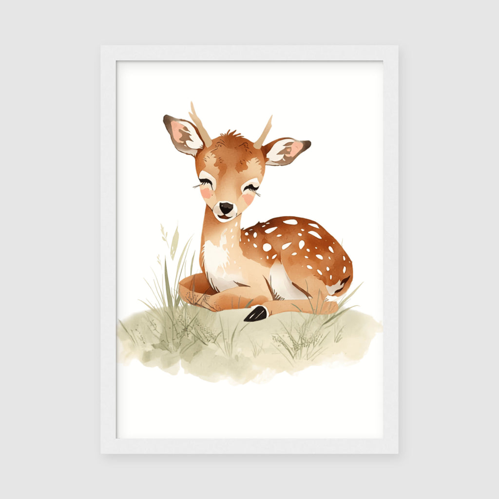 Hahnemuhle Photo Lustre A2 Classic Black Frame - Large format framed print of serene fawn illustration with detailed spotted coat pattern in warm woodland colours