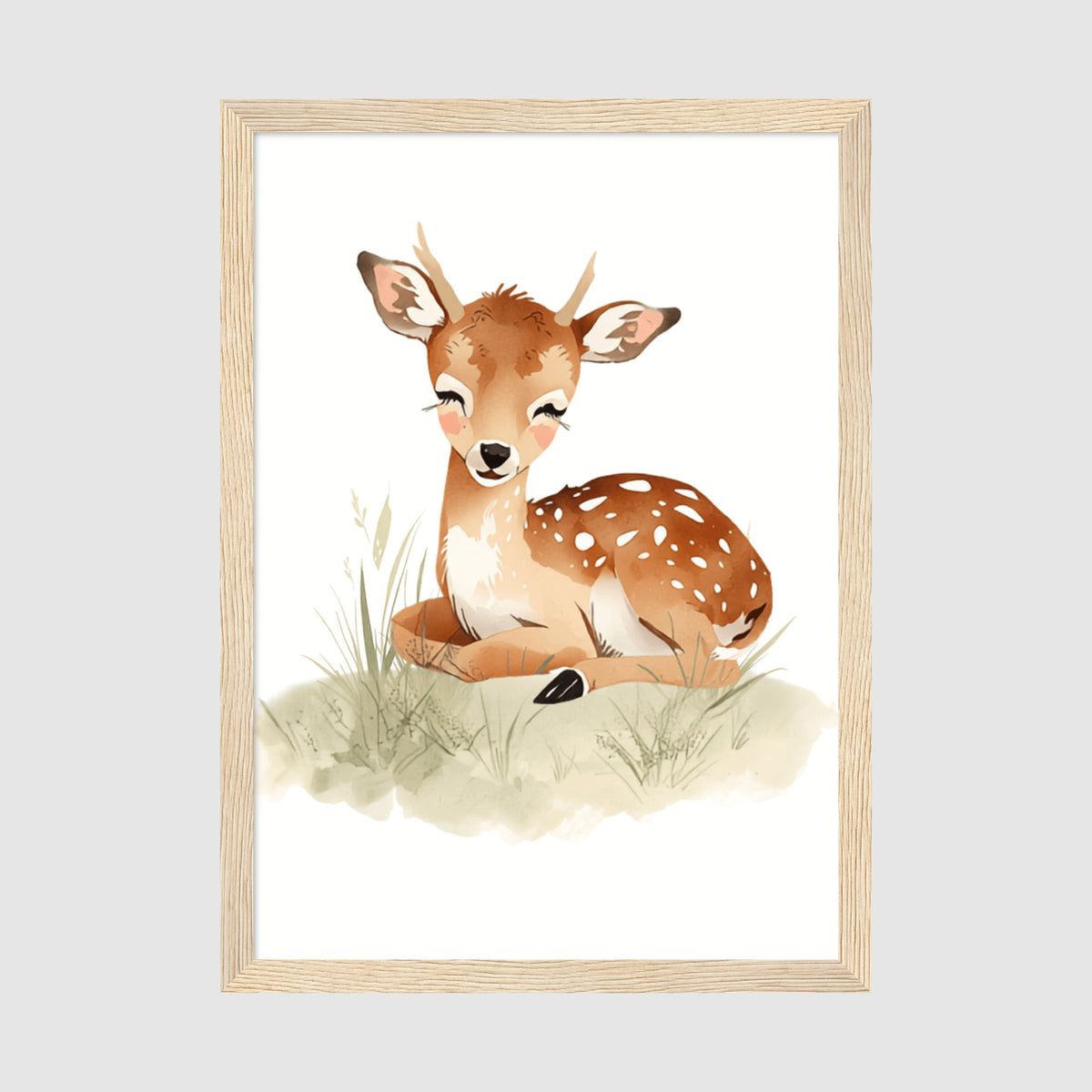 Enhanced Archival Matte A4 Classic White Frame - Delicate deer fawn with long lashes and subtle pink cheeks, nestled in soft grass with calming watercolor aesthetic