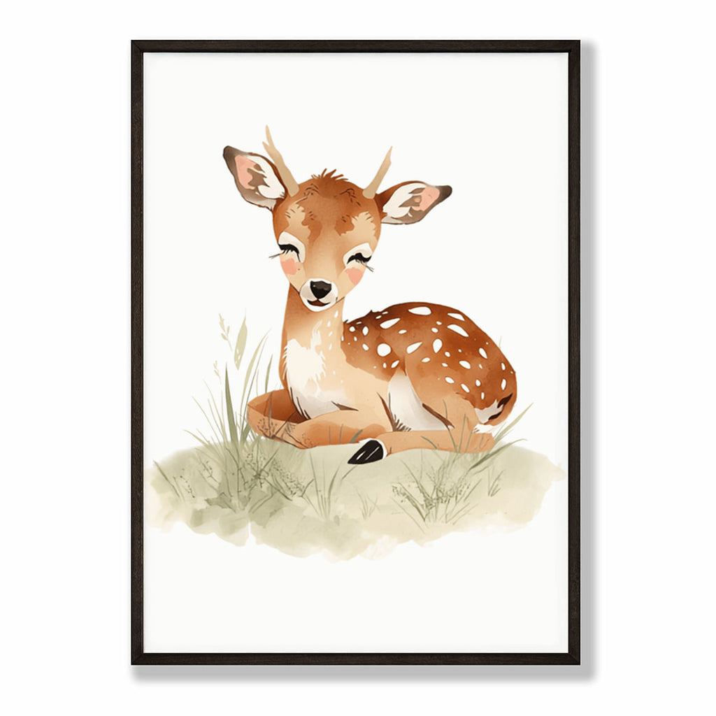 Hahnemuhle Photo Lustre A4 Classic White Frame - Framed baby deer print with sweet expression and spotted coat detail in soft watercolor style