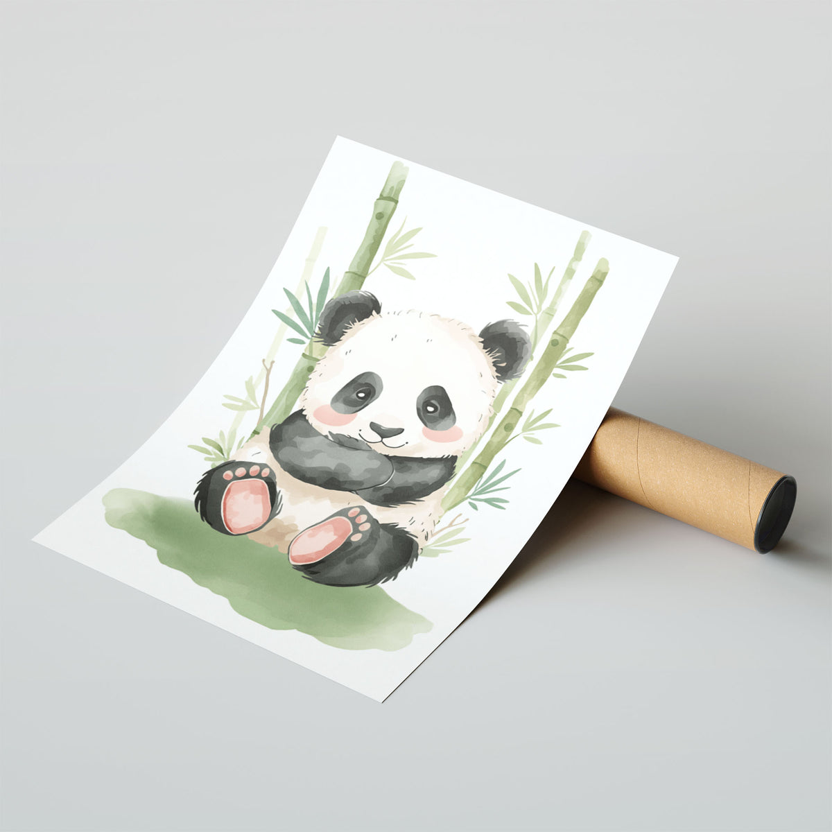 Hahnemuhle Photo Lustre A4 Classic Black Frame - Cute smiling panda with cream fur surrounded by green bamboo stalks, soft pink cheeks and paws on white background
