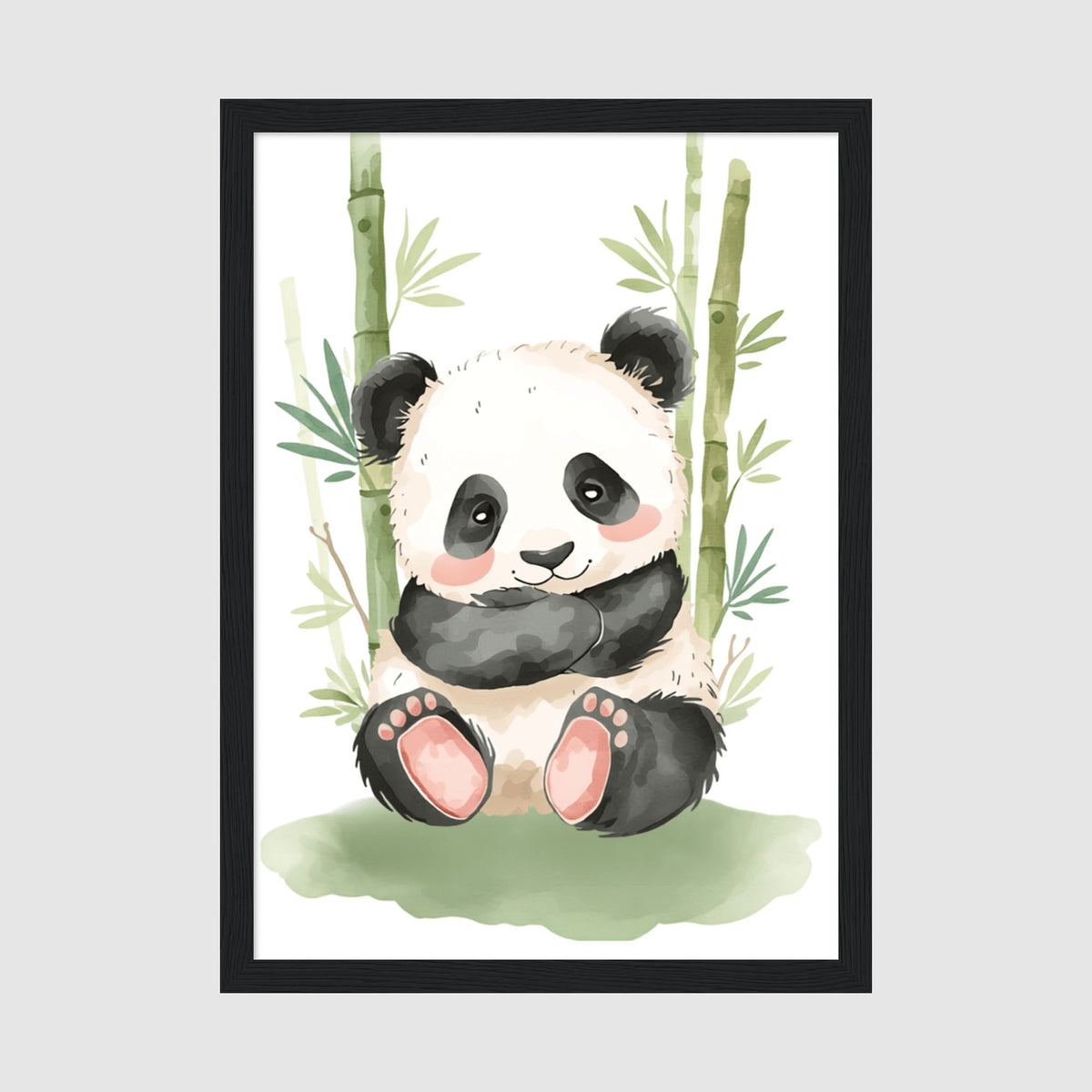 Enhanced Archival Matte A3 Classic White Frame - Sweet watercolour panda illustration sitting among green bamboo leaves with gentle colour palette