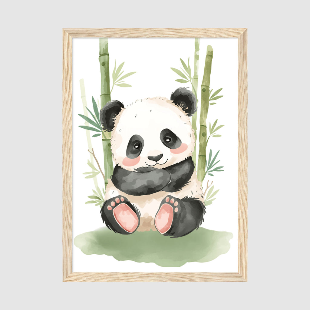 Framed Panda Print A4 No Mount - Close-up of cute panda face with pink accents and detailed bamboo plant stems in background