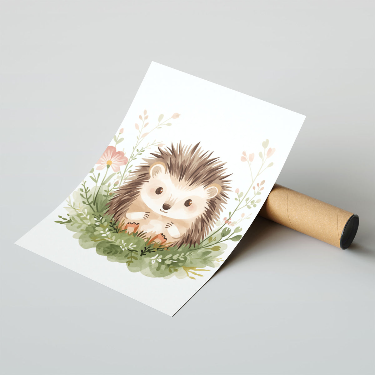 Hahnemuhle Photo Lustre A4 Classic Black Frame - Sweet hedgehog illustration surrounded by pastel wildflowers and delicate green foliage on premium lustre paper