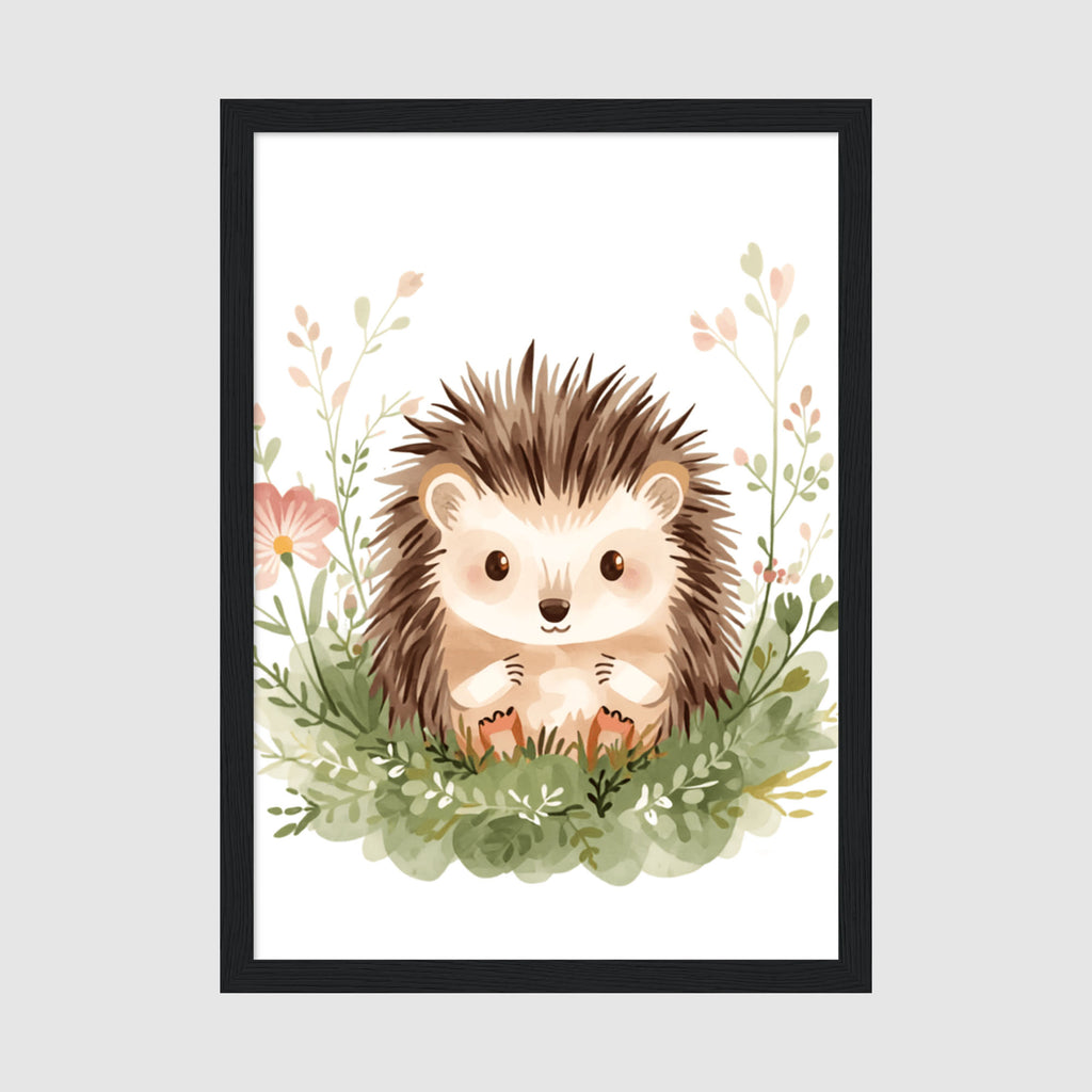 Hahnemuhle Photo Lustre A3 Classic White Frame - Adorable hedgehog with big brown eyes nestled among soft pink and yellow wildflowers in woodland setting