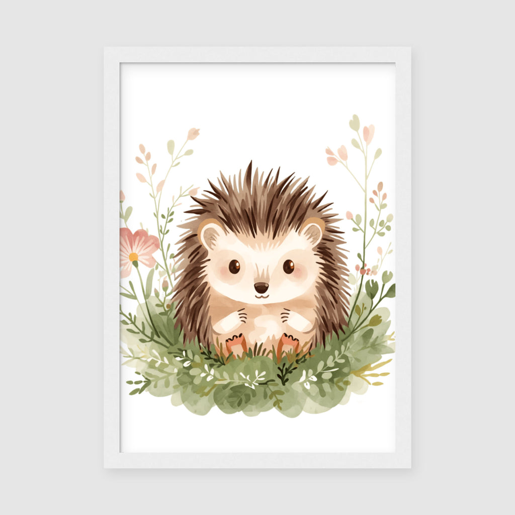 Enhanced Archival Matte A4 Classic White Frame - Cute hedgehog character with spiky brown quills surrounded by botanical elements in warm earth tones