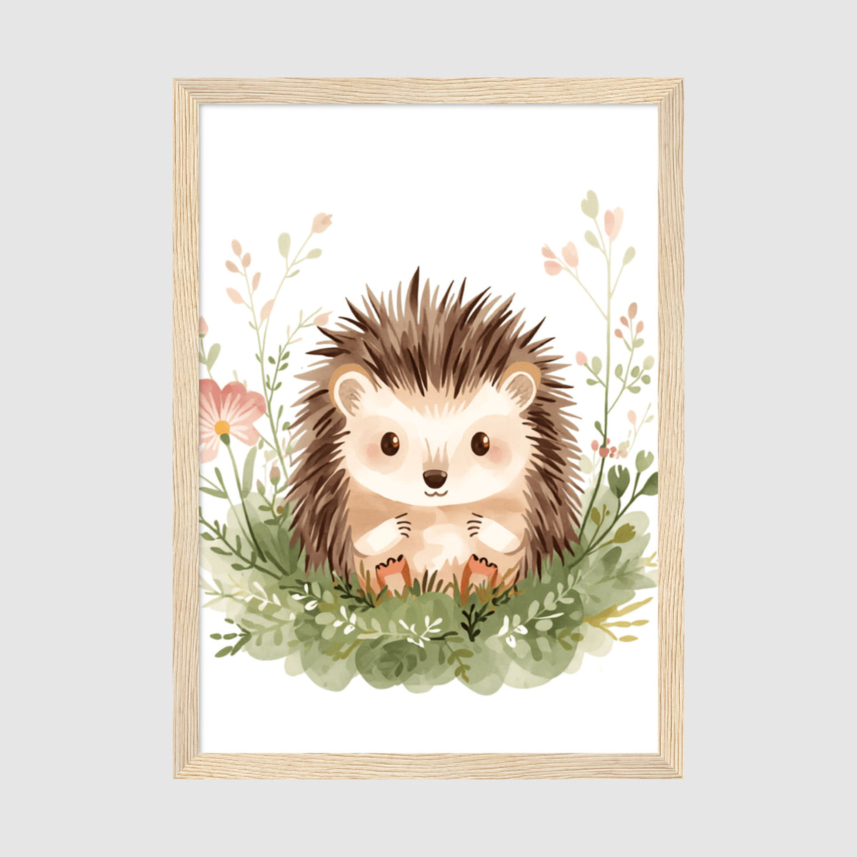 Hahnemuhle Photo Lustre A2 Classic Black Frame - Large-format hedgehog print with intricate floral and leafy botanical border in soft pastels