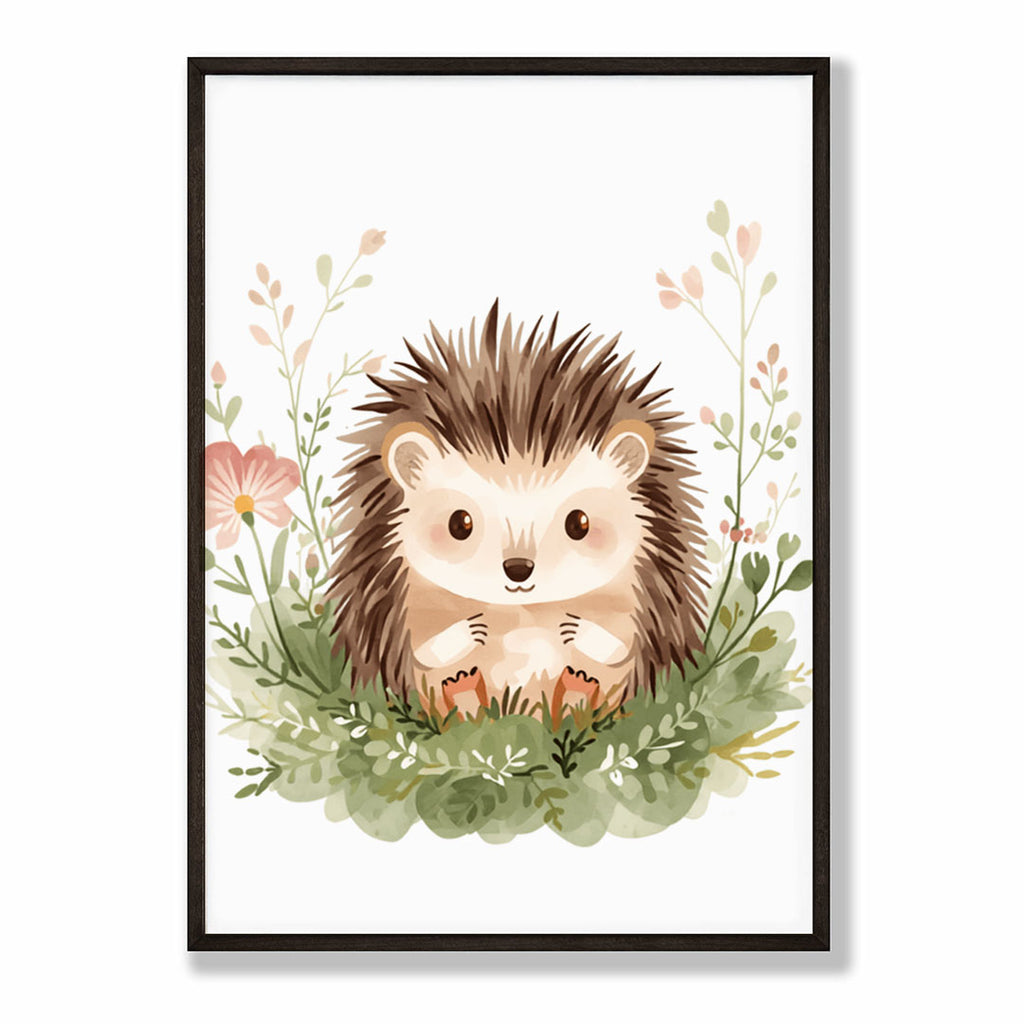 Enhanced Archival Matte A3 Classic Black Frame - Friendly hedgehog illustration with gentle expression framed by delicate wildflower stems and foliage