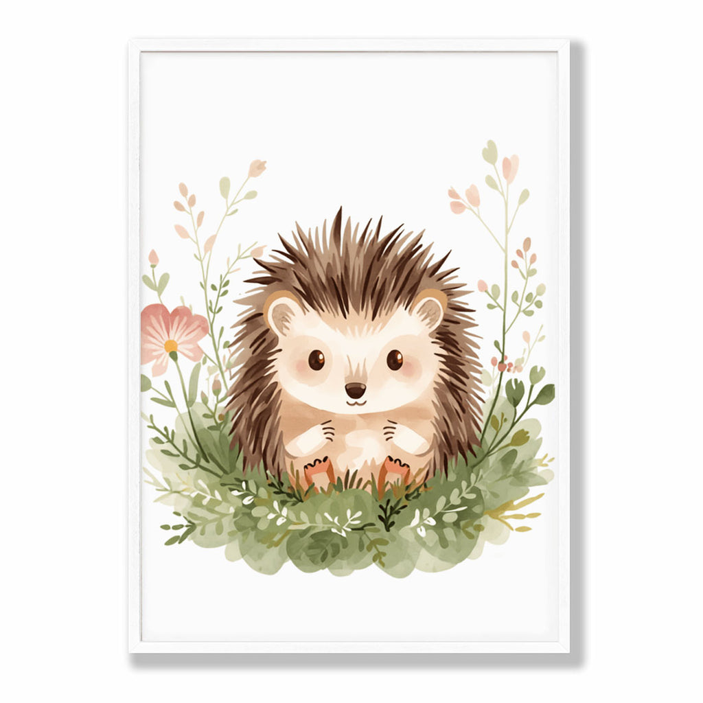 Hahnemuhle Photo Lustre A4 With Mount Classic White Frame - Adorable hedgehog surrounded by pink daisies and soft green leaves on matted lustre print