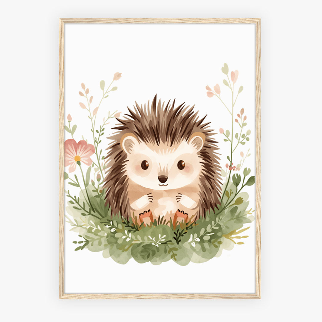 Hahnemuhle Photo Lustre A3 Classic White Frame - Detailed hedgehog illustration with brown spiky quills nestled in garden of soft pastel flowers