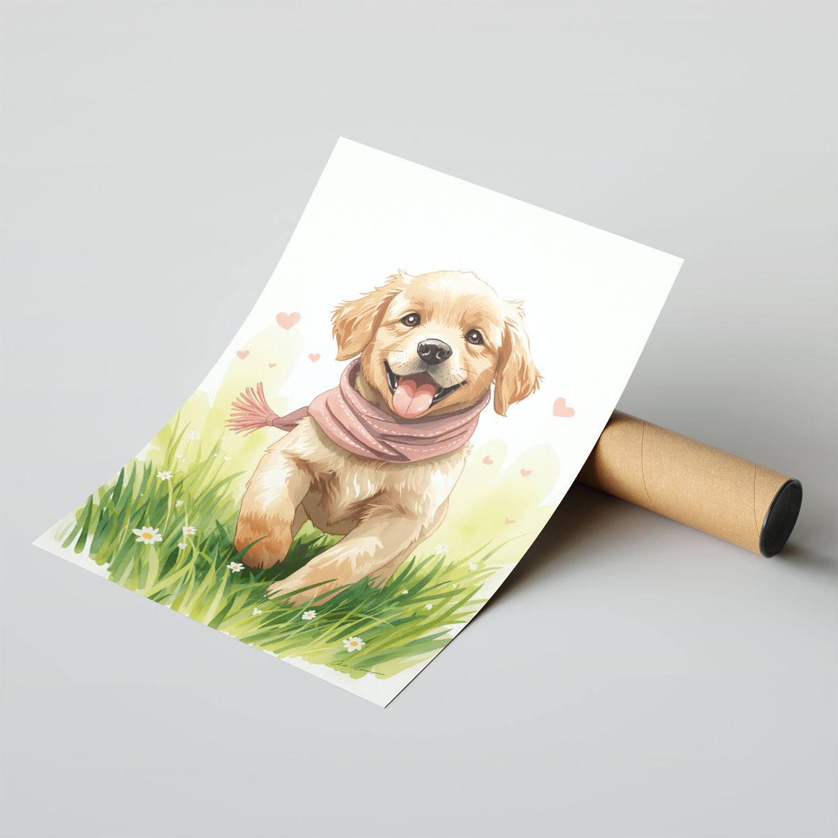 Hahnemuhle Photo Lustre A4 Classic Black Frame - Smiling golden retriever wearing pink scarf surrounded by spring grass, daisies and heart shapes