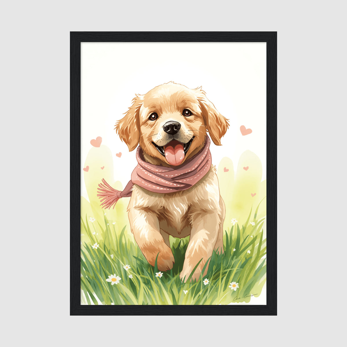 Hahnemuhle Photo Lustre A3 Classic White Frame - Warm-toned illustration of happy golden retriever with tongue out, pink checkered scarf and floral background
