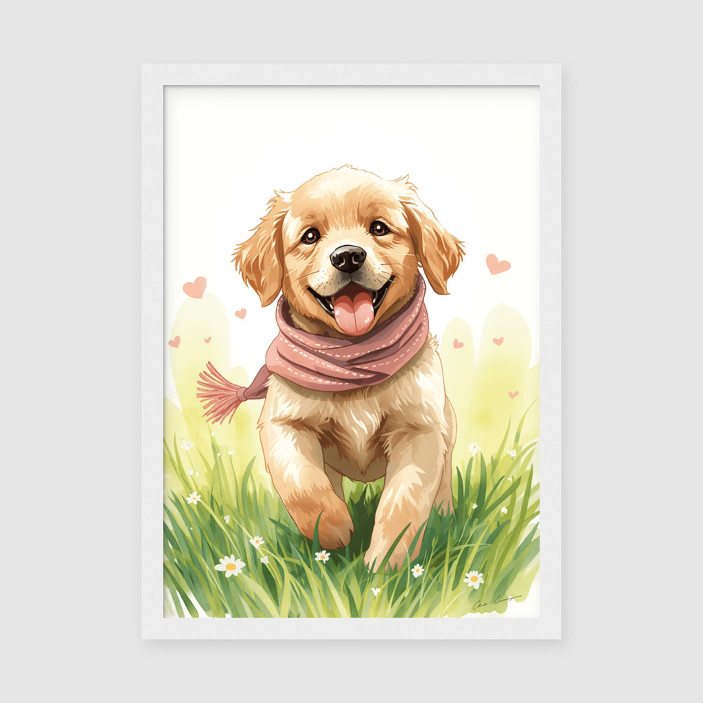 Enhanced Archival Matte A4 Classic White Frame - Cheerful golden retriever portrait with joyful expression, pink scarf and delicate floating hearts